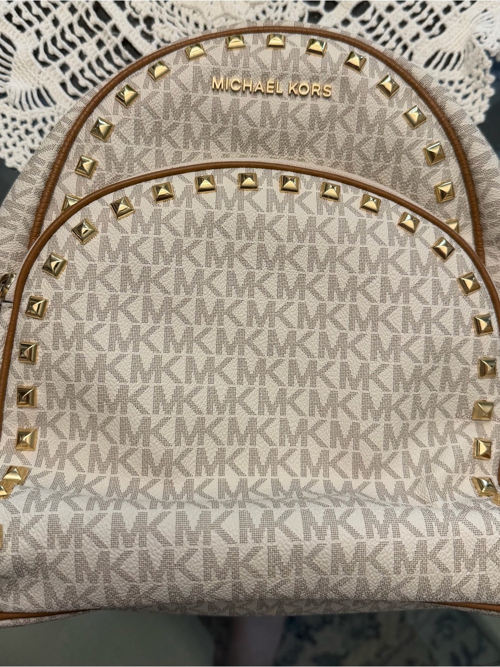 Michael Kors Beige MK Logo Backpack with Gold Studs